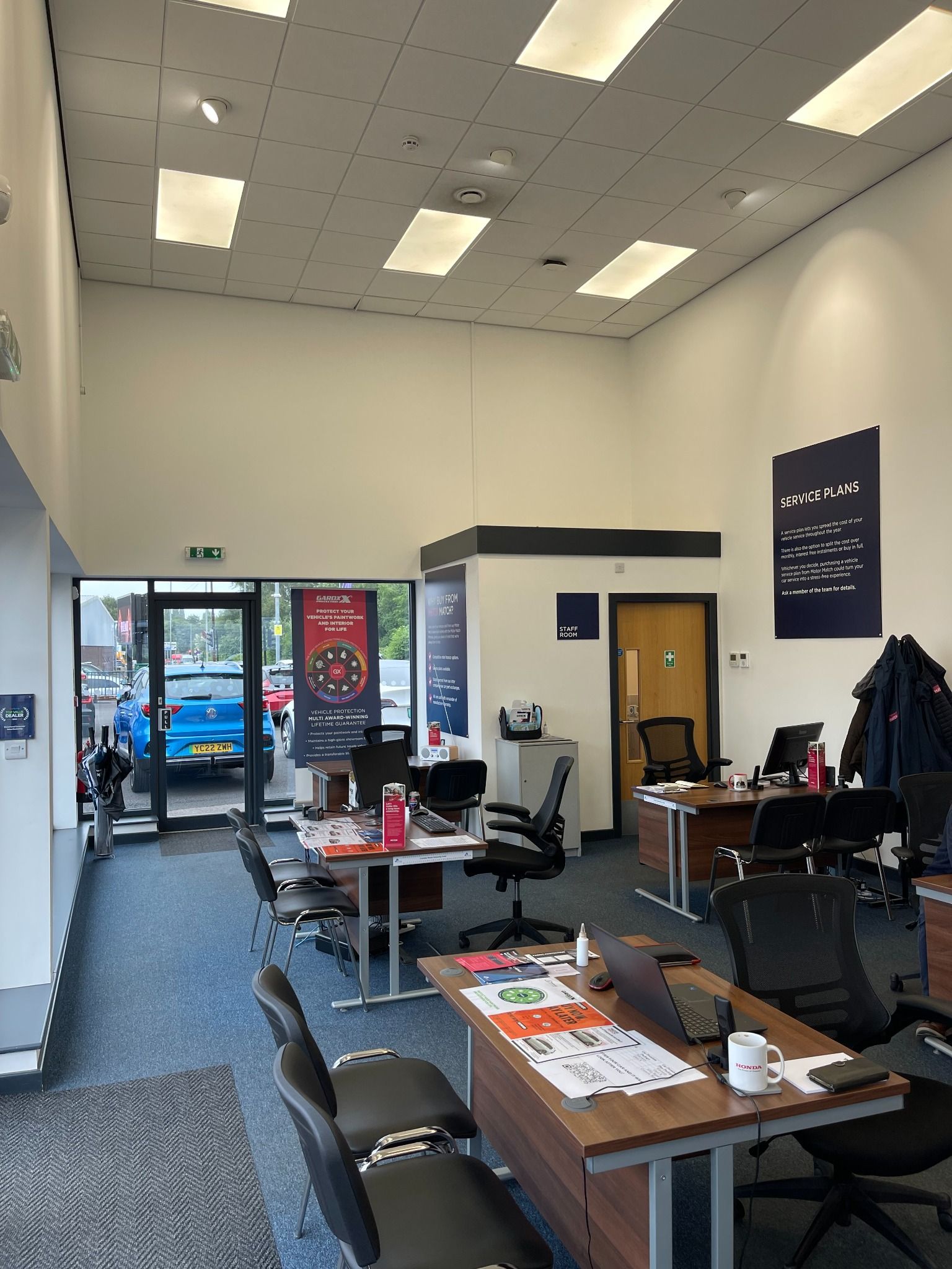 interior of motor match bolton with desks on show