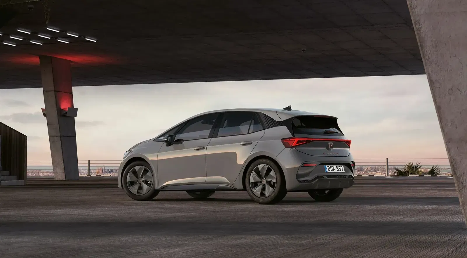 Rear of a grey CUPRA Born on a car park